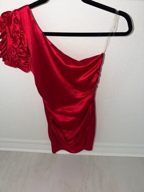 Honey and Rosie One-Shoulder Red Satin Dress